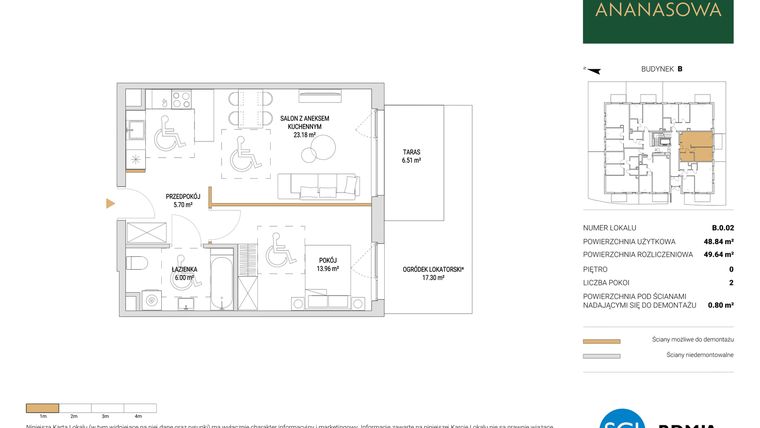 Rzut - Mieszkanie na sprzedaż 2 pokoje o powierzchni 49,64 m² - numer B.0.02 w Ananasowa