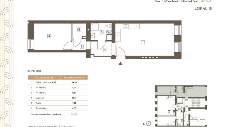 Rzut - Mieszkanie na sprzedaż 2 pokoje o powierzchni 50,47 m² - numer 15 w Cybulskiego 20