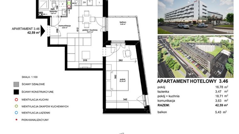 Rzut - Mieszkanie na sprzedaż 2 pokoje o powierzchni 42,43 m² - numer 346 w Apartamentowiec Zwycięska 3 - inwestycyjne