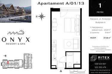 Rzut - Mieszkanie na sprzedaż 1 pokój o powierzchni 27,46 m² - numer 01.A13 w Onyx Resort & Spa