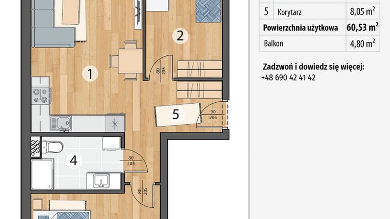 Rzut - Mieszkanie na sprzedaż 3 pokoje o powierzchni 60,53 m² - numer G1-09 w Smolec pod Wrocławem Dobry Deweloper Milo