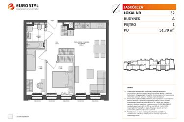 Rzut - Mieszkanie na sprzedaż 3 pokoje o powierzchni 51,79 m² - numer A.32 w Jaskółcza