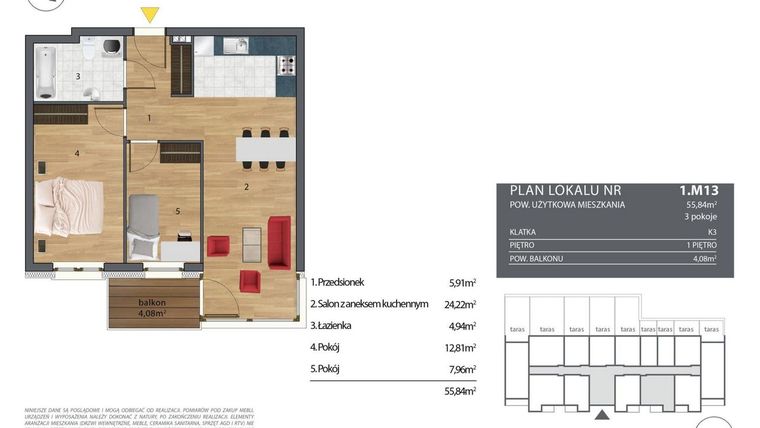 Rzut - Mieszkanie na sprzedaż 3 pokoje o powierzchni 56,38 m² - numer K3.1.M13 w Nyska Residence