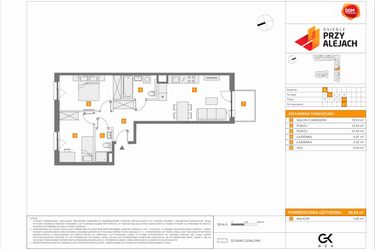 Rzut - Mieszkanie na sprzedaż 3 pokoje o powierzchni 60,64 m² - numer B47 w Osiedle Przy Alejach etap 2