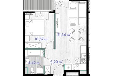 Rzut - Mieszkanie na sprzedaż 2 pokoje o powierzchni 39,81 m² - numer A.03.02 w Do Wilgi