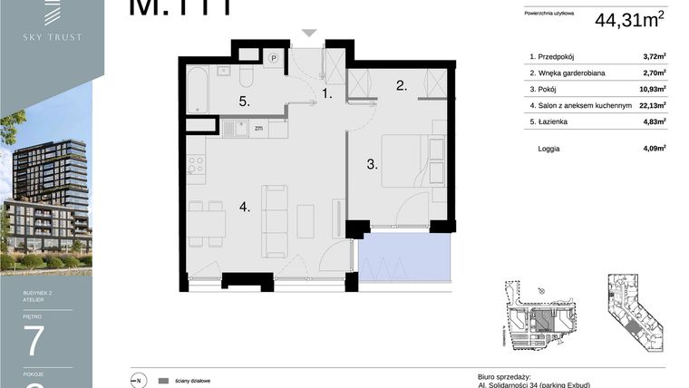 Rzut - Mieszkanie na sprzedaż 2 pokoje o powierzchni 44,31 m² - numer M111 w Sky Trust etap II