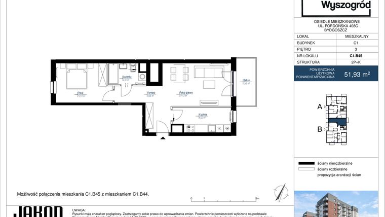 Rzut - Mieszkanie na sprzedaż 2 pokoje o powierzchni 51,93 m² - numer C1.B45 w Nowy Wyszogród etap II