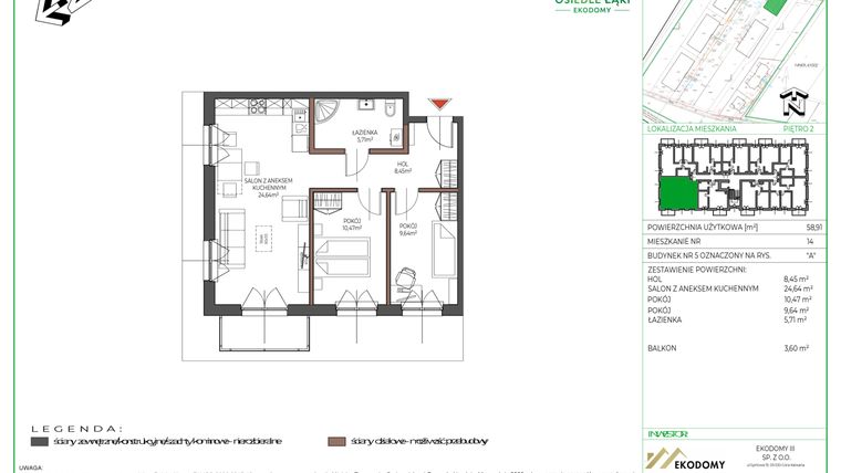 Rzut - Mieszkanie na sprzedaż 3 pokoje o powierzchni 58,9 m² - numer 14 w Osiedle Polna bud. 5