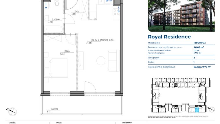 Rzut - Mieszkanie na sprzedaż 2 pokoje o powierzchni 46,49 m² - numer RR/5/H/1/3 w Royal Residence 5