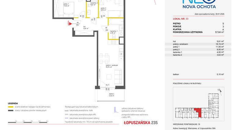 Rzut - Mieszkanie na sprzedaż 3 pokoje o powierzchni 57,43 m² - numer 30 w Neo Nova Ochota