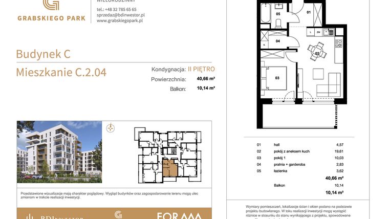 Rzut - Mieszkanie na sprzedaż 2 pokoje o powierzchni 40,66 m² - numer C.2.04 w Grabskiego Park