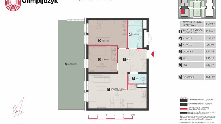 Rzut - Mieszkanie na sprzedaż 3 pokoje o powierzchni 61,73 m² - numer D33 w Osiedle Olimpijczyk II etap