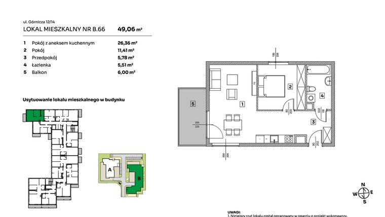 Rzut - Mieszkanie na sprzedaż 2 pokoje o powierzchni 49,06 m² - numer B.66 w Parkove Love