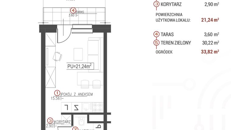 Rzut - Mieszkanie na sprzedaż 1 pokój o powierzchni 21,24 m² - numer 6 w Wróblewskiego 1