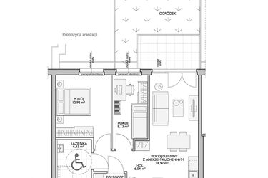 Rzut - Mieszkanie na sprzedaż 2 pokoje o powierzchni 38,7 m² - numer WO/P31/7 w Wiszące Ogrody