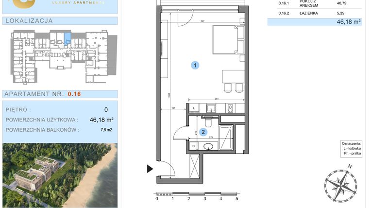 Rzut - Mieszkanie na sprzedaż 1 pokój o powierzchni 46,18 m² - numer 0.16 w Ustronie Luxury Apartments