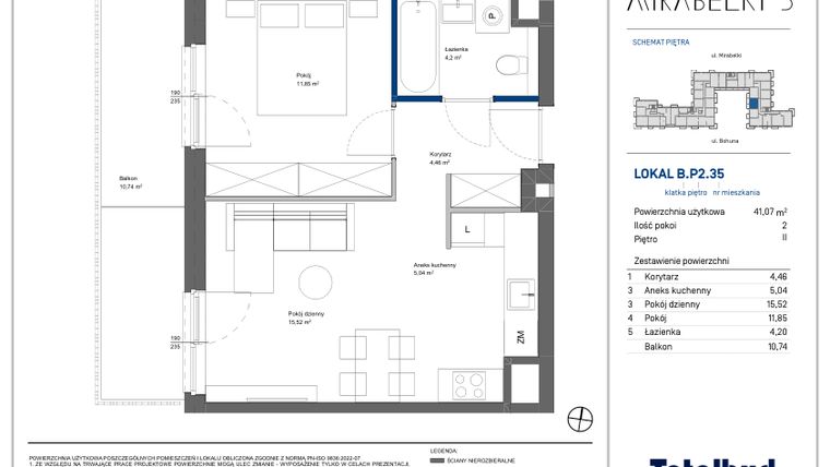 Rzut - Mieszkanie na sprzedaż 2 pokoje o powierzchni 41,3 m² - numer B.P2.35 w Mirabelki 5