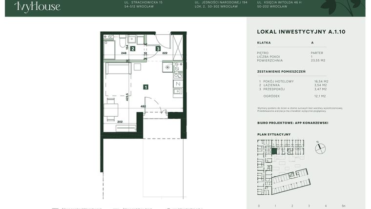 Rzut - Mieszkanie na sprzedaż 1 pokój o powierzchni 23,55 m² - numer A.1.10 w IVY HOUSE - Apartamenty inwestycyjne