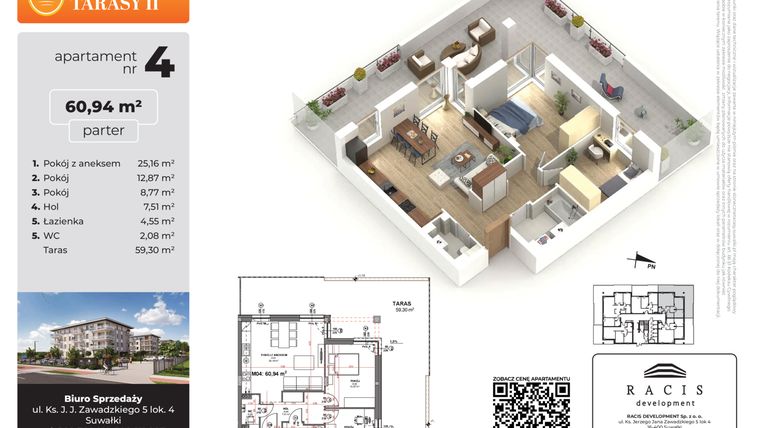 Rzut - Mieszkanie na sprzedaż 3 pokoje o powierzchni 60,94 m² - numer 4 w Słoneczne Tarasy II