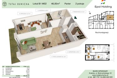 Rzut - Mieszkanie na sprzedaż 2 pokoje o powierzchni 46,85 m² - numer B1.M2 w Tutaj Bunscha