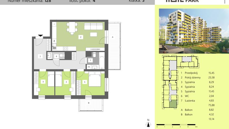 Rzut - Mieszkanie na sprzedaż 4 pokoje o powierzchni 75,88 m² - numer 128 w Dworzysko Park - Etap II