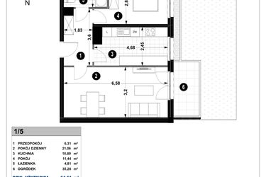 Rzut - Mieszkanie na sprzedaż 2 pokoje o powierzchni 54,51 m² - numer 3A.1/5 w Nowa Winnica