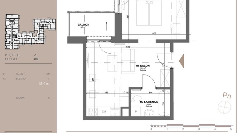 Rzut - Mieszkanie na sprzedaż 1 pokój o powierzchni 34,95 m² - numer 88 w BETWEEN
