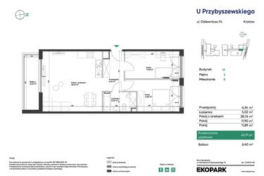 Rzut - Mieszkanie na sprzedaż 3 pokoje o powierzchni 63,91 m² - numer 1A_M8 w U Przybyszewskiego etap 4
