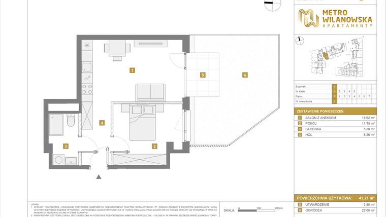Rzut - Mieszkanie na sprzedaż 2 pokoje o powierzchni 41,21 m² - numer 1 w Apartamenty Metro Wilanowska