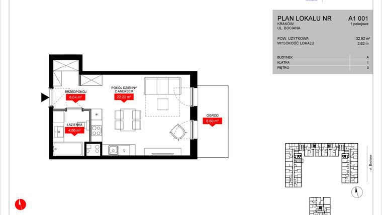 Rzut - Mieszkanie na sprzedaż 1 pokój o powierzchni 32,92 m² - numer A1 001 w Osiedle Bociana 5