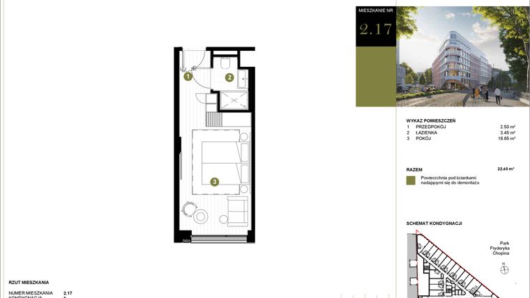 Rzut - Mieszkanie na sprzedaż 1 pokój o powierzchni 22,6 m² - numer 217 w Y3 Signature Hotel