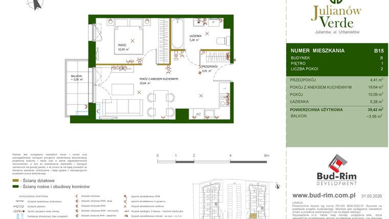 Rzut - Mieszkanie na sprzedaż 2 pokoje o powierzchni 39,42 m² - numer 15 w Julianów Verde II