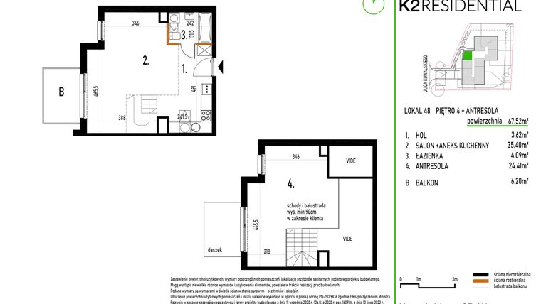 Rzut - Mieszkanie na sprzedaż 1 pokój o powierzchni 67,52 m² - numer 48 w Kowalskiego 37