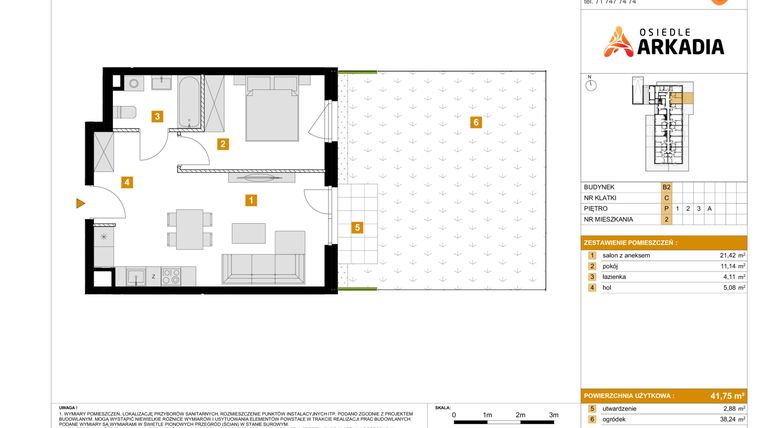 Rzut - Mieszkanie na sprzedaż 2 pokoje o powierzchni 41,75 m² - numer 2 w Osiedle Arkadia