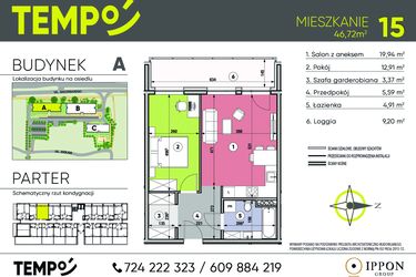 Rzut - Mieszkanie na sprzedaż 2 pokoje o powierzchni 46,72 m² - numer A15 w Osiedle TEMPO