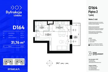 Rzut - Mieszkanie na sprzedaż 1 pokój o powierzchni 31,76 m² - numer D164 w Dyfrakcja Łódzka - bud. CD