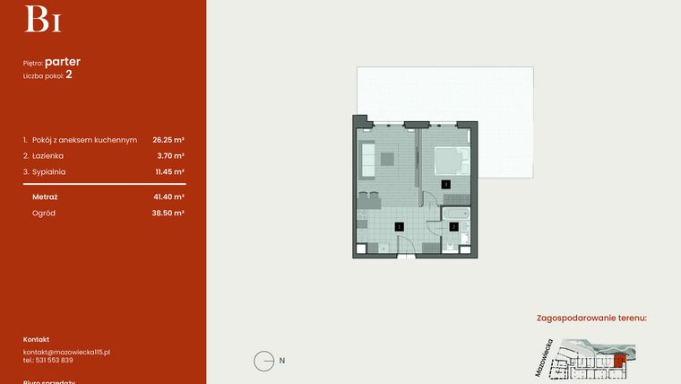 Rzut - Mieszkanie na sprzedaż 2 pokoje o powierzchni 41,4 m² - numer B1 w Mazowiecka 115