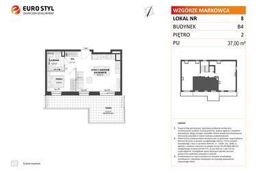 Rzut - Mieszkanie na sprzedaż 2 pokoje o powierzchni 37 m² - numer B4 8 w Wzgórze Markowca