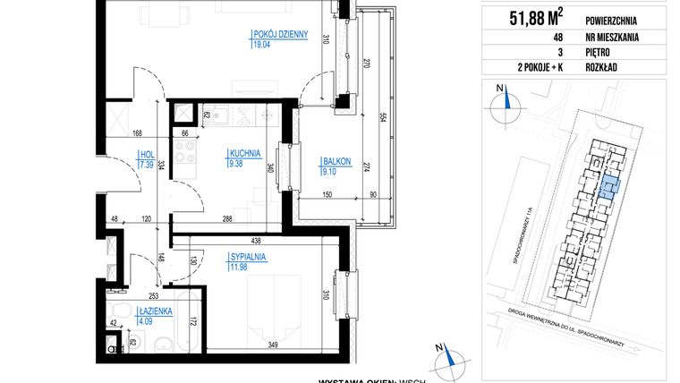 Rzut - Mieszkanie na sprzedaż 2 pokoje o powierzchni 51,88 m² - numer 48 w Vieniava edycja druga