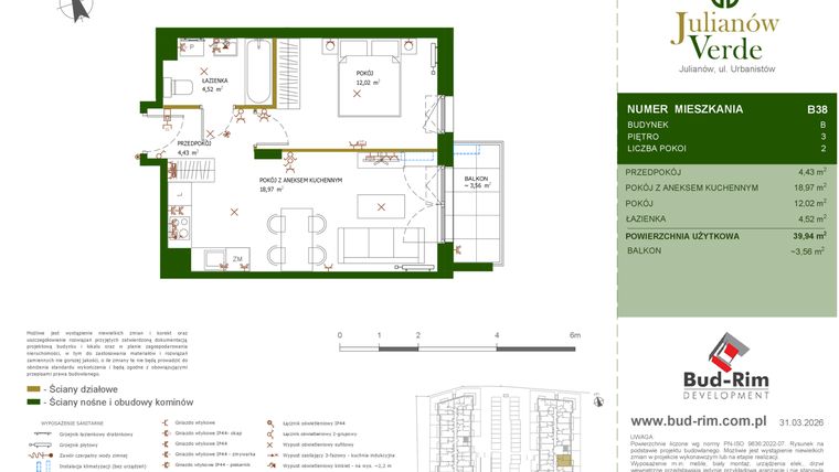 Rzut - Mieszkanie na sprzedaż 2 pokoje o powierzchni 39,94 m² - numer 38 w Julianów Verde II