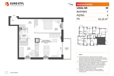 Rzut - Mieszkanie na sprzedaż 3 pokoje o powierzchni 61,16 m² - numer F.39 w Osiedle Warszawska