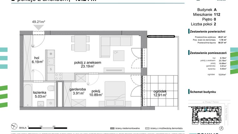 Rzut - Mieszkanie na sprzedaż 2 pokoje o powierzchni 49,21 m² - numer 112 w Osiedle Fokus Ursus