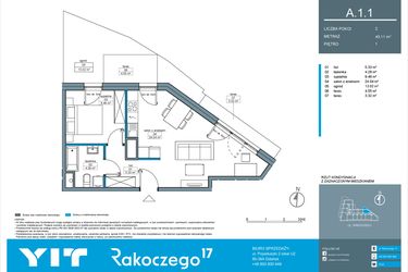 Rzut - Mieszkanie na sprzedaż 2 pokoje o powierzchni 43,11 m² - numer A.1.1 w Rakoczego 17