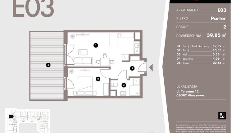 Rzut - Mieszkanie na sprzedaż 2 pokoje o powierzchni 39,85 m² - numer E03 w Livo