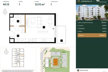 Rzut - Mieszkanie na sprzedaż 1 pokój o powierzchni 33,93 m² - numer 2.M1.13 w Wierzbowa 20