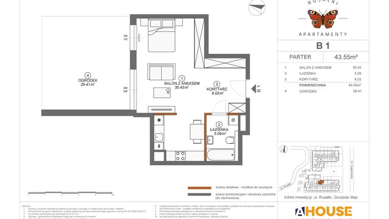 Rzut - Mieszkanie na sprzedaż 1 pokój o powierzchni 43,55 m² - numer B1 w Apartamenty Rusałki