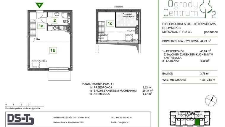 Rzut - Mieszkanie na sprzedaż 1 pokój o powierzchni 44,73 m² - numer B.3.33 w Ogrody Centrum 2