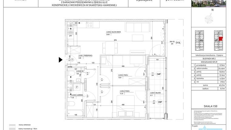 Rzut - Mieszkanie na sprzedaż 3 pokoje o powierzchni 63,21 m² - numer M-29 w Apartamenty Konopnickiej