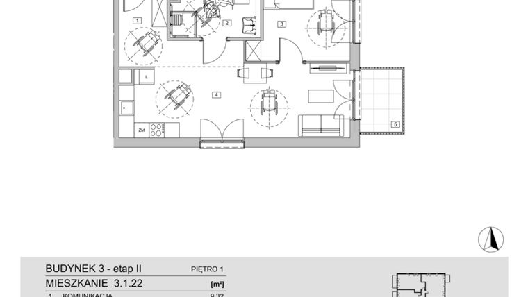 Rzut - Mieszkanie na sprzedaż 2 pokoje o powierzchni 53,23 m² - numer 3.1.22 w ATAL Apollina II