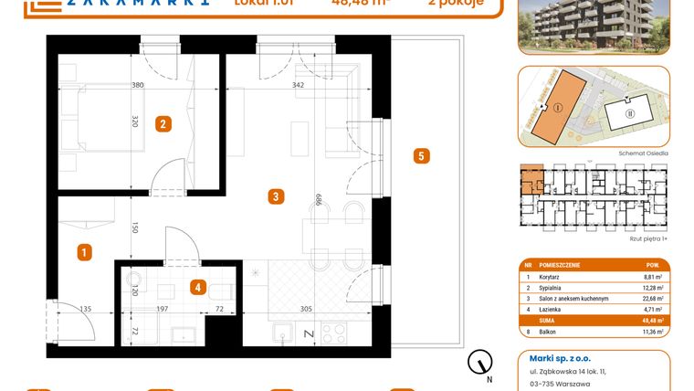 Rzut - Mieszkanie na sprzedaż 2 pokoje o powierzchni 48,48 m² - numer B1/1/01 w Zakamarki